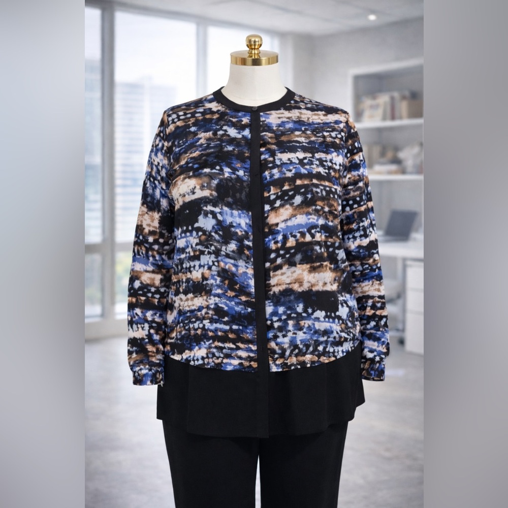 DKNYC Watercolor Print Faux-Layered Chiffon Blouse